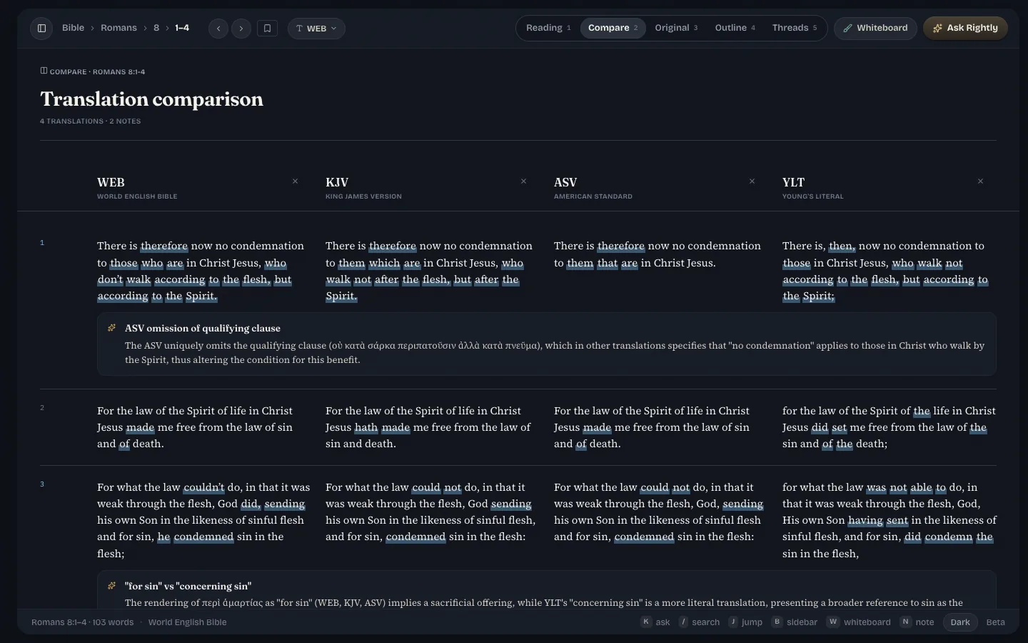 Rightly comparison view showing Romans 8 aligned across WEB, KJV, ASV, and YLT translations in the desktop workspace.
