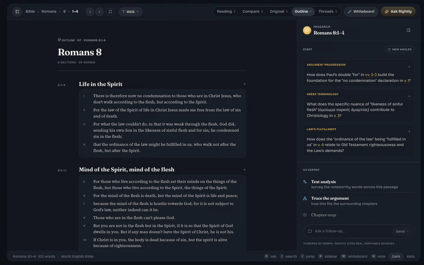 Rightly outline view showing Romans 8 broken into titled sections with their verses in the desktop workspace.