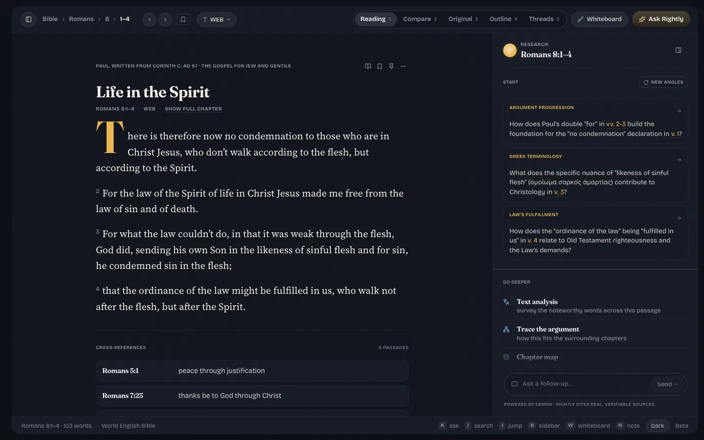 Rightly desktop workspace showing Romans 8 open for close reading.